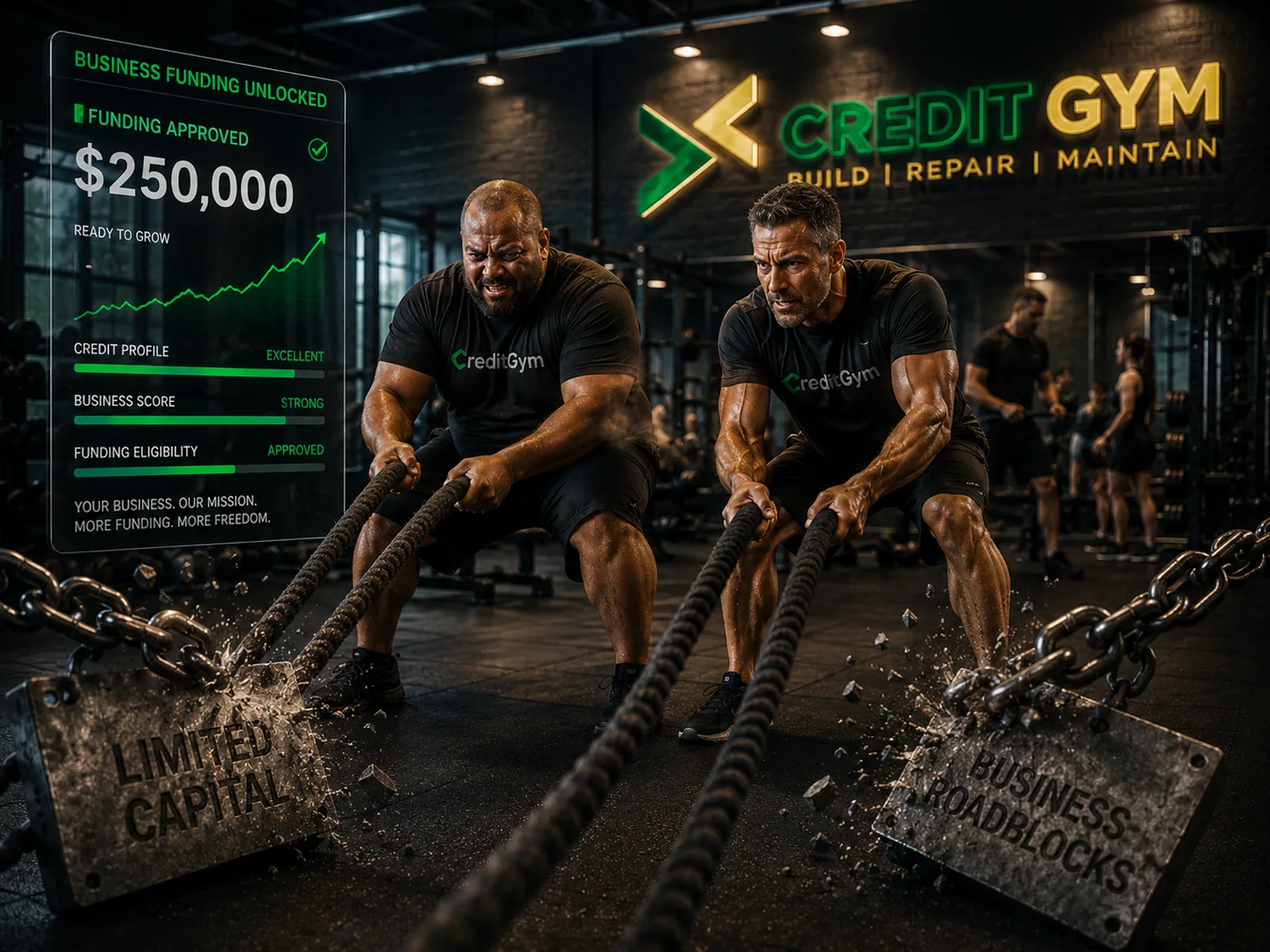 Two business owners pulling battle ropes in the Credit Gym, breaking apart blocks marked LIMITED CAPITAL and BUSINESS ROADBLOCKS