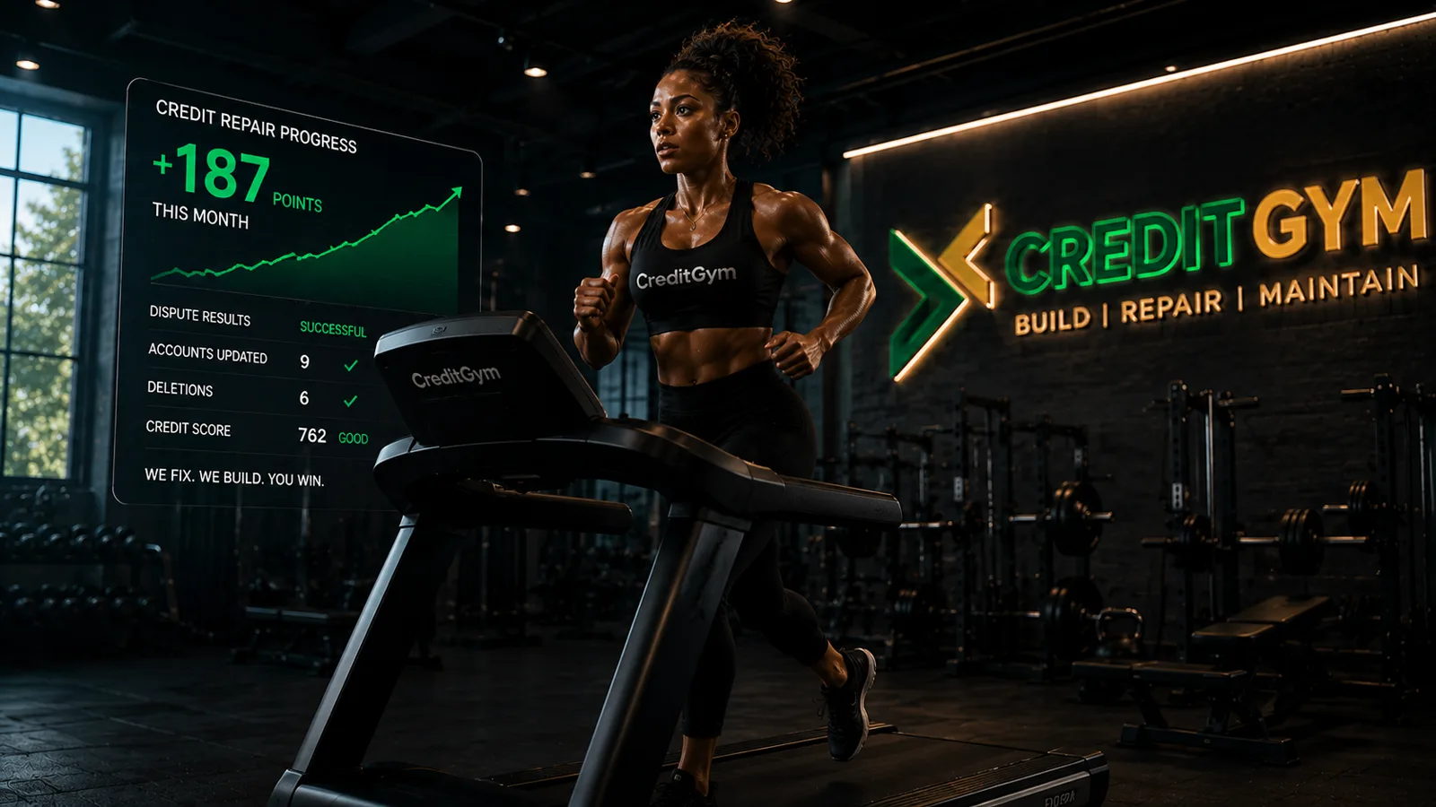 A client running on a CreditGym treadmill beside a screen tracking her credit repair progress