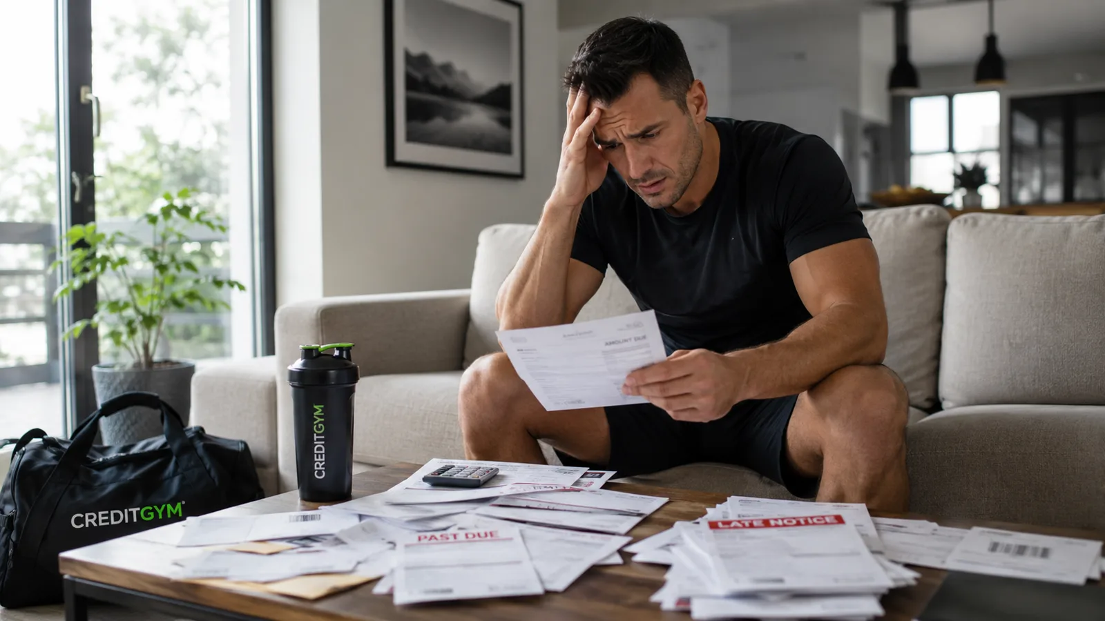A man sitting on his sofa going through a table covered in past-due and late-notice bills