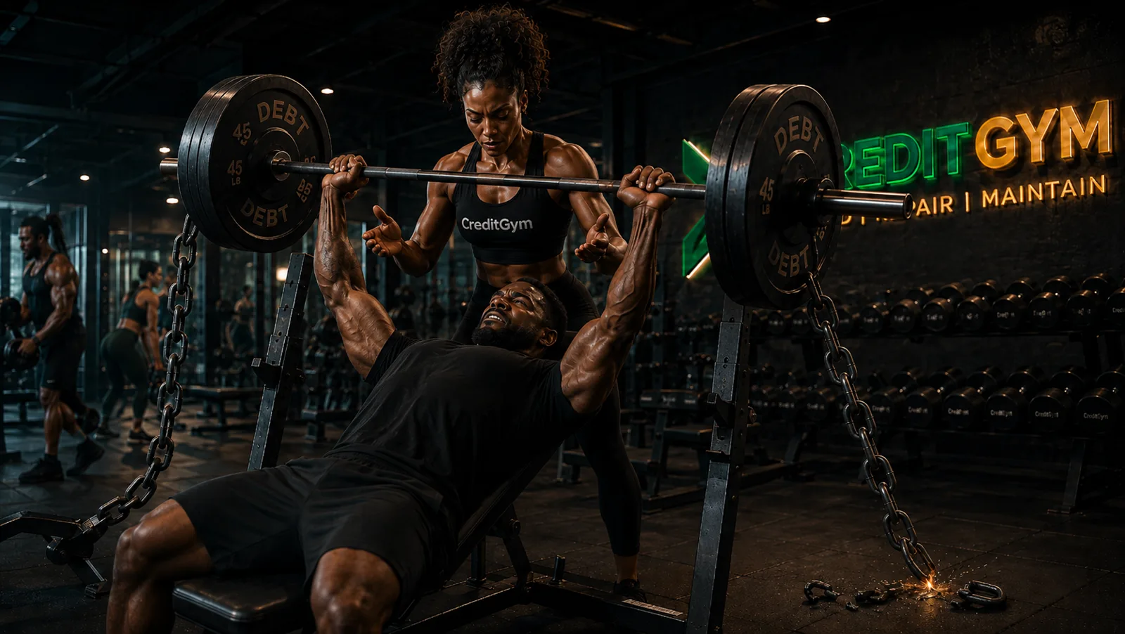 A spotter steadying a loaded barbell for a lifter in the Credit Gym, weight plates marked DEBT