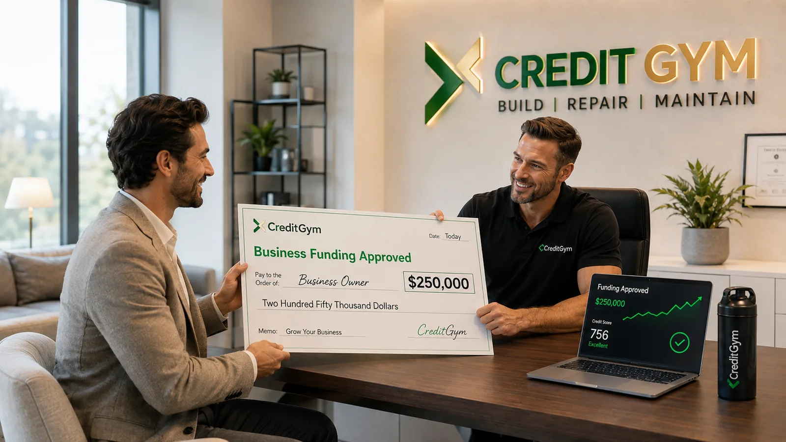 A business owner receiving a Credit Gym funding approval cheque across a desk