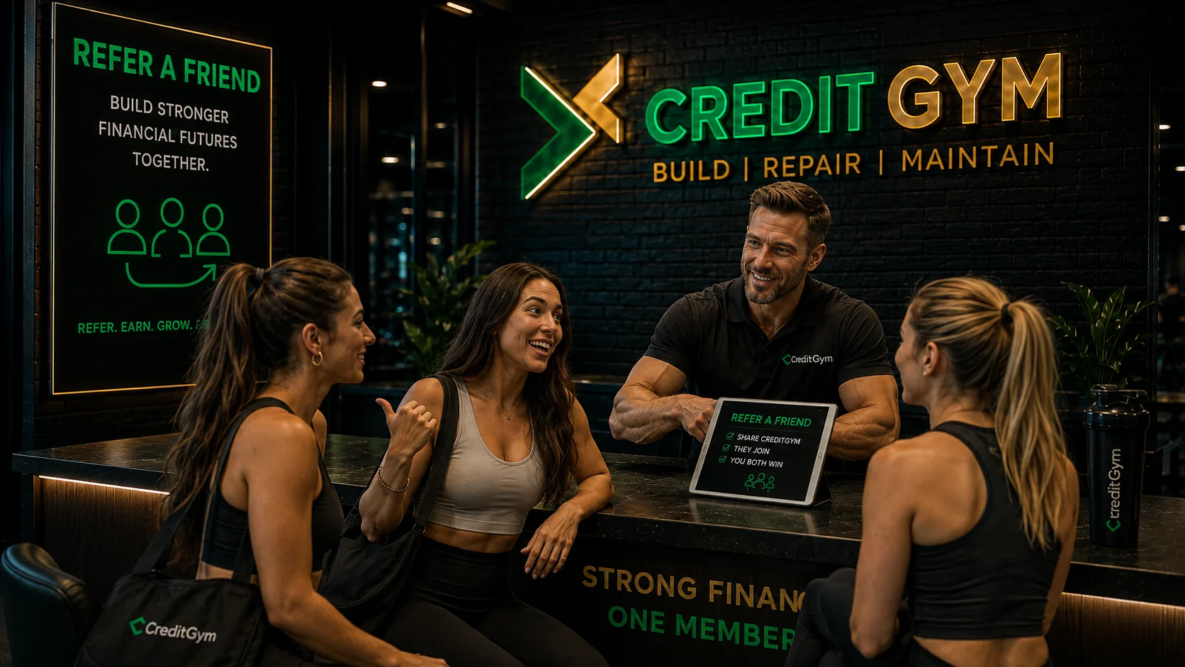 Members talking with a Credit Gym specialist at the front desk under a Refer a Friend sign